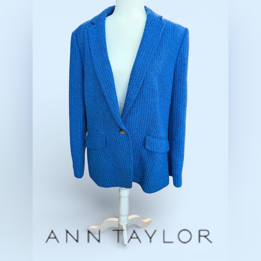 Ann Taylor 💙 Royal Blue tweed lined blazer pockets button size 14